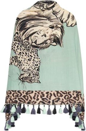 Maison Common Printed And Embroidered Scarf With Tassels in safari design in Mint at Nordstrom