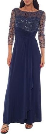 OLEG CASSINI Beaded Illusion Neck Gown in Navy at Nordstrom Rack, Size X-Large