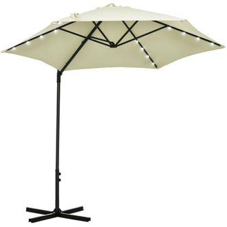 OUTSUNNY Sombrilla De Jard&iacute;n &Oslash;256x248 Cm Parasol De Terraza Manual Con Luces Led Solares Poste Giratorio 360&deg; Y Ventilaci&oacute;n Superior Para Jard&iacute;n Piscina Beige