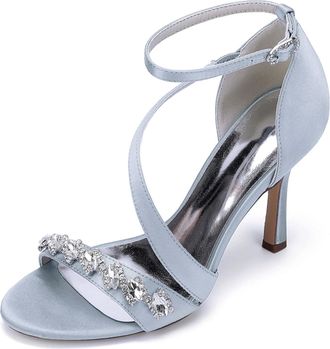 Generic Womens Bridal Satin Stiletto Sandals Dress Weddin Heel Formal Rhinestone Evening High Heels 9.5Cm,Silver,10 UK