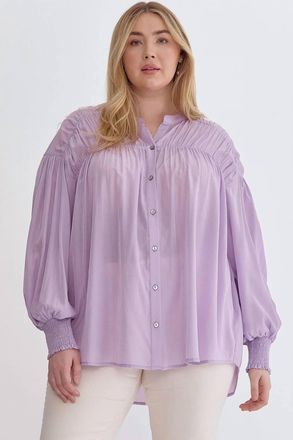 Entro Sara Curve Pleated Detail Button Up Blouse In Lavender