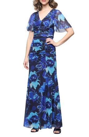 S.L. Fashions Floral Print Ruched Dress in Blue/Multi at Nordstrom, Size 12