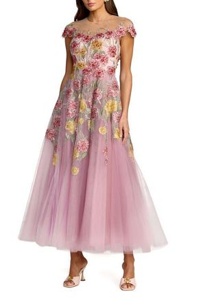 Mac Duggal Embroidered Mesh Illusion Neck Cap Sleeve Dress in Mauve Multi at Nordstrom, Size 10