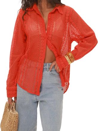 Generic Womens Lace Sheer Button Down Shirt - Long Sleeve Boho Cover Up Top for Vacation, Party & Daily Wear (Orange Red, L)