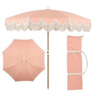 Jonathan Y Designs Mariner Coastal Round Outdoor Beach Umbrella with Fringe Trim, Push-Button Tilt, UV 50 Canopy and Wood-Finish Pole in Pink - Light Brown