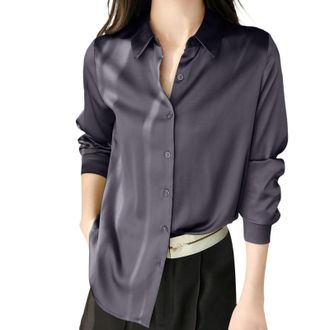 Generic 2025 Blouses Womens Blouse Satin Silk Shirt Button Down Shirt Casual Loose Long Sleeve Work Long Edition Blouse (Grey, L)