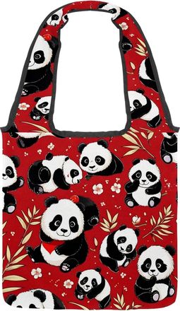 Generic Cute Panda on Red Reversible Canvas Shoulder Tote - Double-Sided Print, 12oz Cotton, 27cm Drop, Fold-Flat Bag for Travel, Shopping, Street Outings