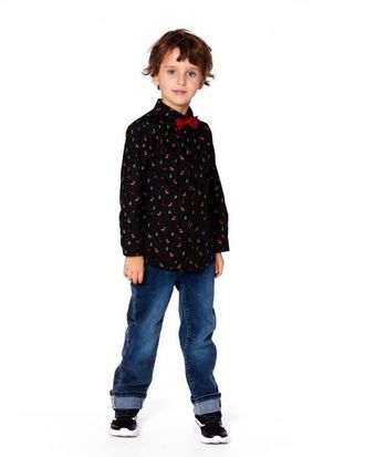 Deux par Deux Poplin Shirt with Bow Tie in Black And Multicolor at Nordstrom, Size 24M