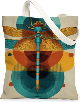 Generic Dragonfly Canvas Tote Bags, Colorful Insect Design Reusable Grocery Bags, Summer Modern Chic Lightweight Washable Shoulder, Multicolor, 13x15 Inch