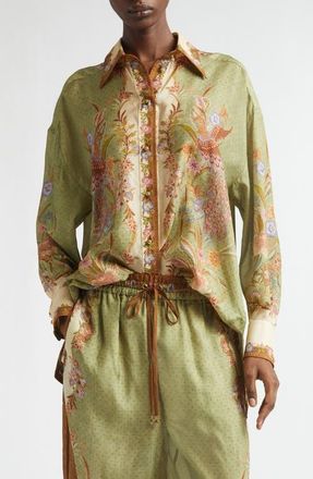 Zimmermann Indra Placed Print Relaxed Fit Silk Button-Up Shirt in Khaki Scarf Floral at Nordstrom, Size 2