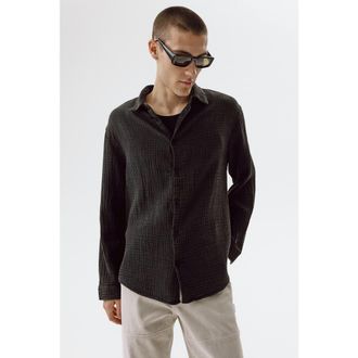 H&M Regular Fit Cotton Muslin Shirt in Black at Nordstrom, Size Xx-Large