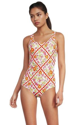 Lands End Chlorine Resistant Scoop Neck Soft Cup Tugless Sporty One Piece Swimsuit in White/orange Scarf Floral at Nordstrom, Size 18