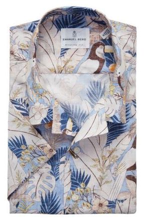 Emanuel Berg Modern Fit Floral Short Sleeve Cotton & Linen Blend Button-Up Shirt in Blue at Nordstrom Rack, Size Large/x-Large