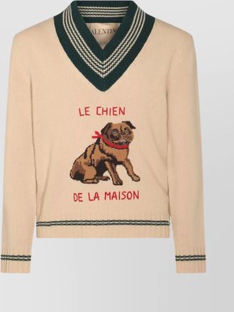 Valentino embroidered v-neck crewneck sweater with ribbed trim