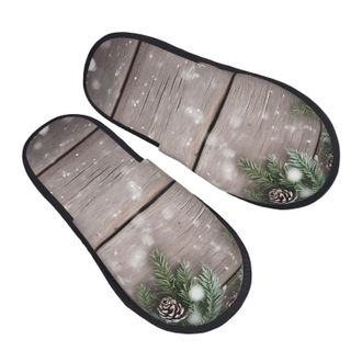 Generic Fuzzy Slippers Christmas Fir Tree Branch And Snowflake On Wooden Pattern Fluffy Slippers Casual Unisex Slipper For Spa Party Travel M
