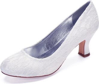 Generic Wedding Shoes Womens Bridal Lace Kitten Heel Round Toe Low Heels Ankle Strap Dress Evening Party Pumps 6.5Cm,White,9 UK