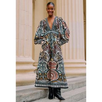 Farm Rio Womens Balamana Deep V-Neck Maxi Dress, Multicolor