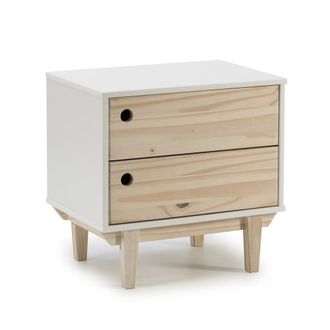 HOMN Mesita de noche 2 cajones color blanco, patas madera natural