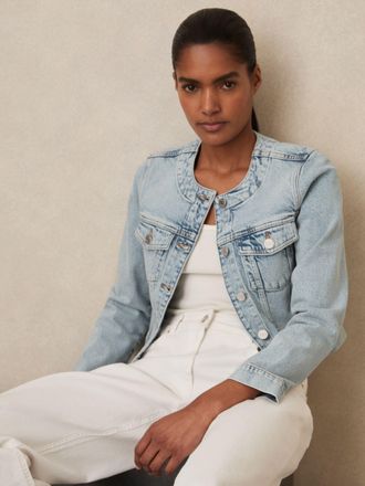 Reiss Light Blue Collarless Cropped Denim Jacket, 18