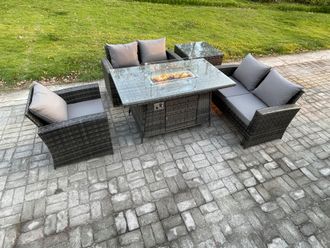 Fimous Rattan Outdoor Garden Furniture Gas Fire Pit Table Sets Gas Heater with Love Sofa Armchair Side Table 5 Seater in Dark Grey