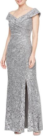 Alex Evenings Sequin Corded Lace Off the Shoulder Gown in Pewter at Nordstrom, Size 6P
