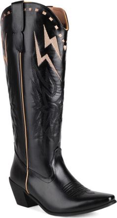 Generic Womens Pull on Wide-Calf Boots Square Toe PU Leather Western Cowboy Boot Chunky Heel Knee High Boots with Embroidery Stitched,Black,6.5 UK