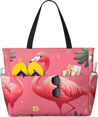 Generic Pink Flamingo Print Large Beach Bag Foldable Travel Shoulder Tote Bag With Pocket For Weekender Pool Vacation