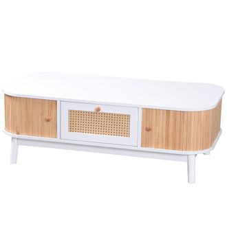 Urban Meuble Mesa de centro blanca con rat&aacute;n 2 puertas correderas 110x55x38,5 cm