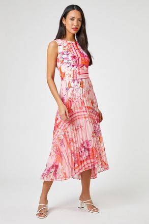 Roman Floral Print Fit And Flare Pleated Dress