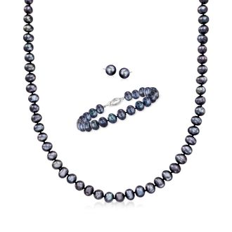 Ross-Simons 7-7.5mm Black Cultured Pearl Jewelry Set: Necklace, Bracelet and Stud Earrings With Sterling Silver
