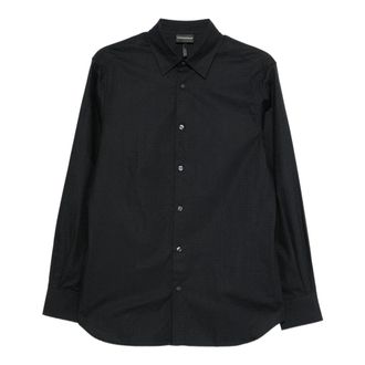 Emporio Armani Jacquard overhemd met all-over belettering - Heren - Casual Overhemden - Blauw - L - Katoen - Overhemden