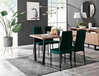 Furniturebox Kylo Brown Wood Effect Dining Table With Black U Legs & 4 Milan Velvet Chairs in Green
