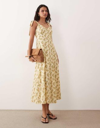 Vero Moda Vestito lungo giallo a fiorellini con spalline annodate