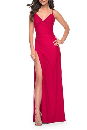 La Femme Simple Jersey Dress with Ruching and Slit in Red at Nordstrom, Size 10