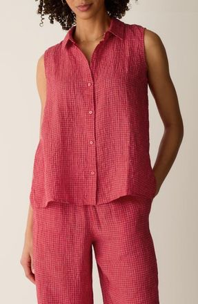 Eileen Fisher Grid Sleeveless Organic Linen Button-Up Shirt in Grenadine at Nordstrom, Size Xx-Small