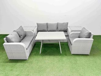 Fimous Patio Dining Table & Chairs Set with Reclining Chair 2 Side Tables in Light Grey