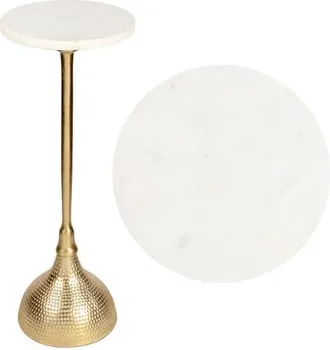 Jonathan Y Designs Ava 23.75 Art Deco Contemporary Metal Pedestal Drink Table and Decorative End Table with White Marble Round Top and Hammered Base in Gold