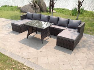 Fimous Lounge Rattan Garden Furniture Sets Dining Table & 2 PC Big Footstools in Dark Grey