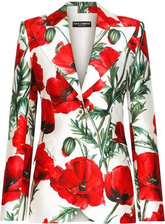 Dolce & Gabbana poppy-print double-breasted blazer - women - Elastane/Silk/Rayon/Silk - 38 - White