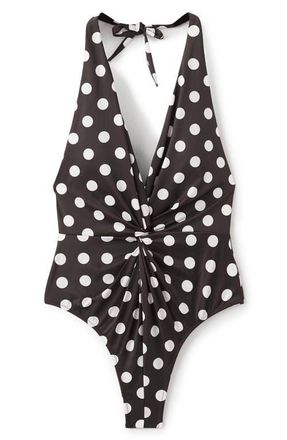 Mango Polka Dot Halter One Piece Swimsuit in Brown at Nordstrom, Size Medium