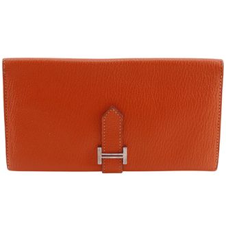 Herm&egrave;s Orange Chevre Leather Long Wallet (Bi-Fold) (Pre-Owned)