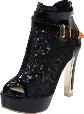 Generic Elegant Womens Peep Toe Platform Boots, Lace Overlay with Gold Buckle Straps, Available in Black and White (black, 2, Adult, Women, 10.5, Numeric, UK 