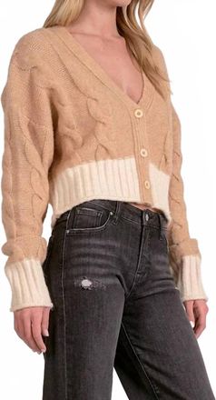 Elan Two Tone V-Neck Button Front Sweater In Tan/natural