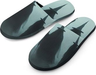 Generic Three Black Witches Flannel Mens Slip-on Slippers Winter Warm House Shoes with Rubber Sole for Home Hotel