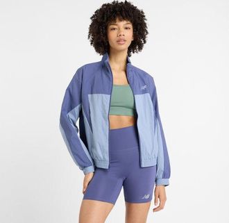 New Balance Donna Color Blocked Woven Jacket in Blu, Politessuto, Taglia XL