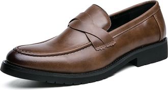 Generic Loafers for Men Round Burnished Toe Penny Loafers Vegan Leather Flat Heel Anti-Slip Slip Resistant Casual Slip-on(Brown,8.5 UK)