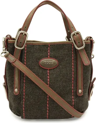 Tod's Dark Brown Pink Fabric Leather Shoulder Bag Tote Bag (Pre-Owned)