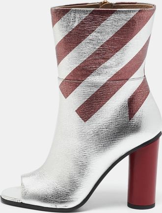 Anya Hindmarch Silver/burgundy Stripe Leather Peep Toe Ankle Boots