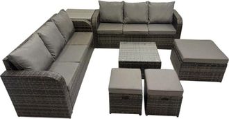 Fimous Rattan Garden Outdoor Furniture Set 3 Seater Sofa Square Coffee Table Set with Side Table 3 Stools Dark Grey Mixed - Fimous