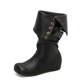 Generic Womens Wedge Heel Knee High Boot Round Toe PU Leather Long Boots Pull on Slouch Boot with Button,Black,10.5 UK